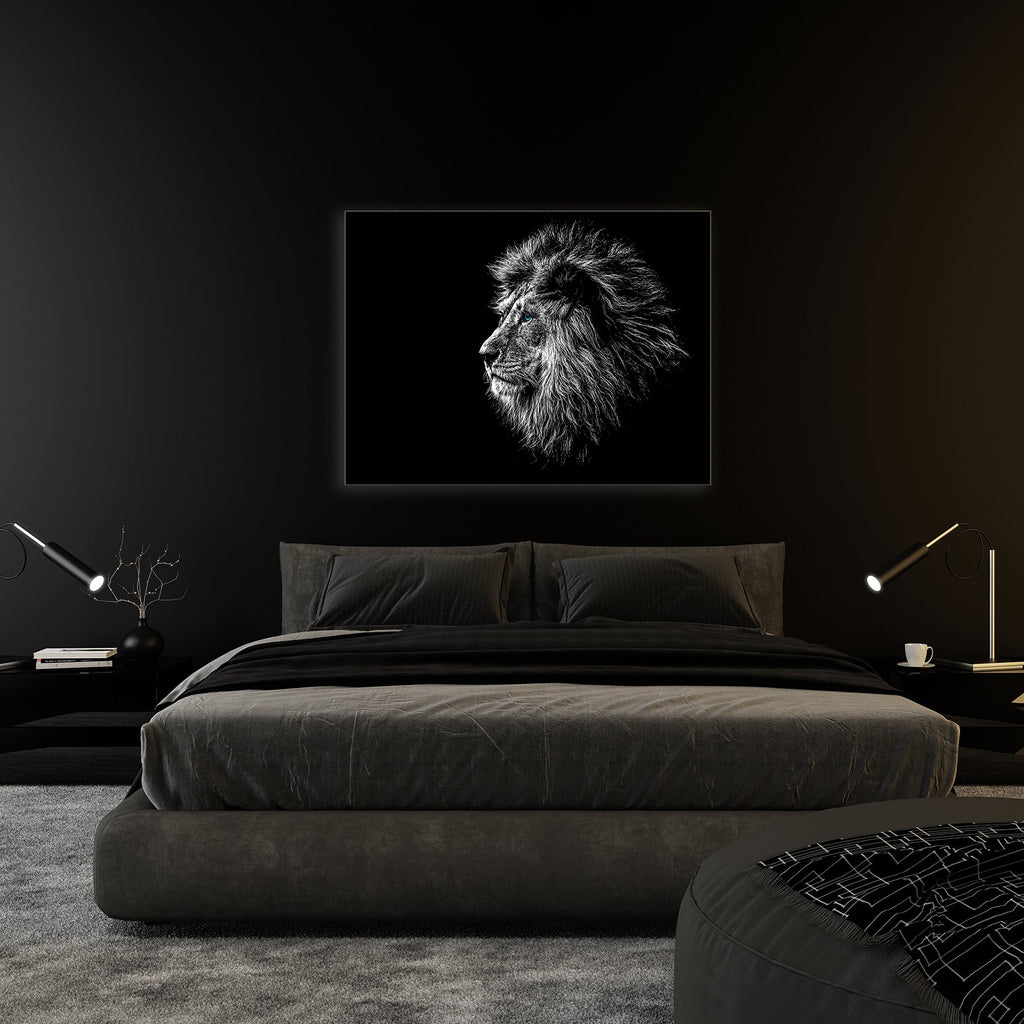 Wildlife Canvas Art-Lions Head Blue Eye in Black and White -Silver varnish