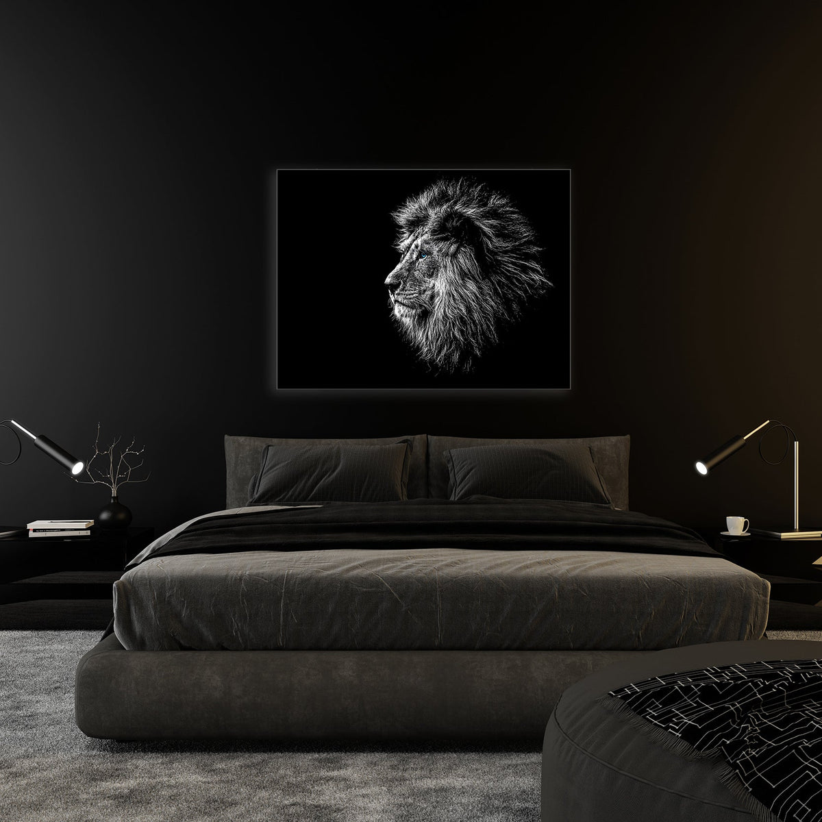 Wildlife Canvas Art-Lions Head Blue Eye in Black and White -Silver varnish